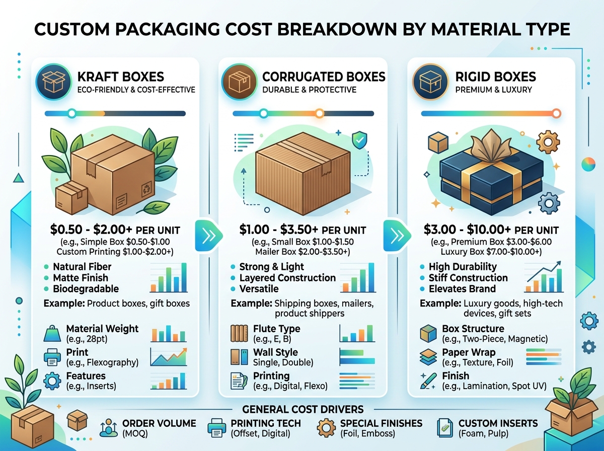 Infographic showing custom packaging cost breakdown by material type with price ranges per unit for kraft, corrugated, and rigid boxes