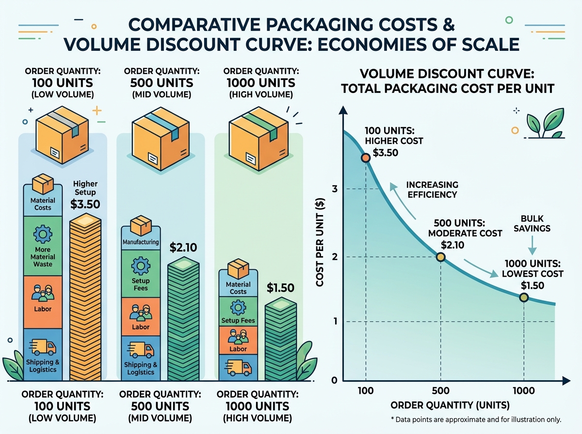Chart comparing packaging costs at different order quantities showing volume discount curve from 100 to 2000 units