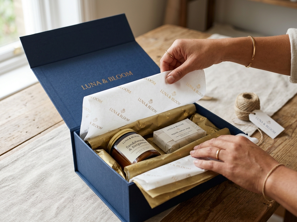 Hands opening gift box revealing branded tissue paper and product inside