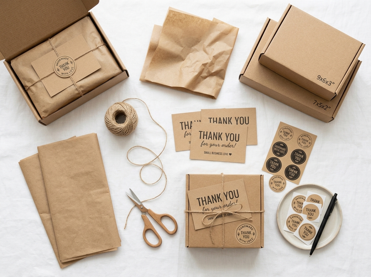 Budget-friendly unboxing elements including kraft boxes, tissue paper, thank you cards, and branded stickers arranged on white surface