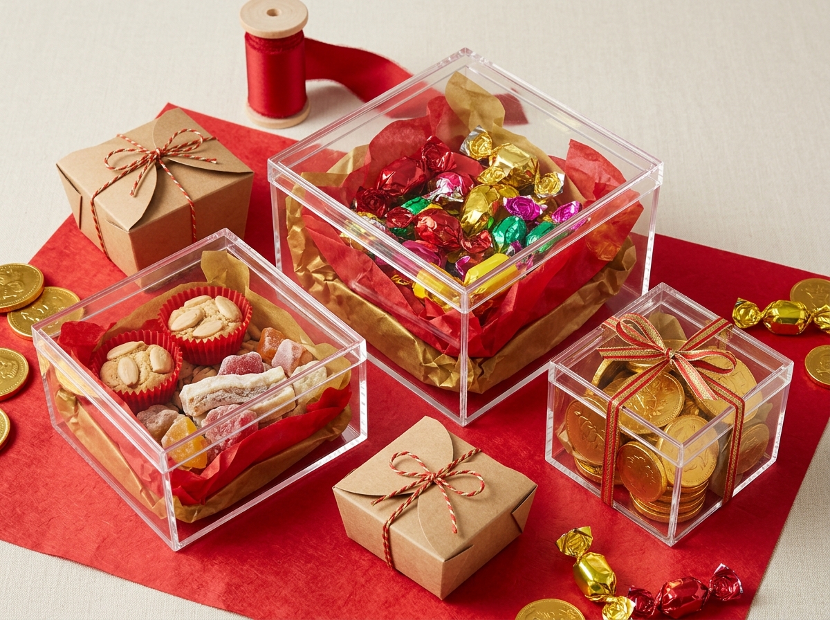Clear acrylic boxes filled with Lunar New Year candies and red tissue paper