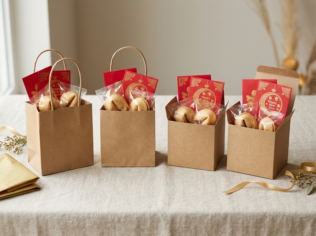Kraft paper gift bags and cube boxes side by side with Lunar New Year treats