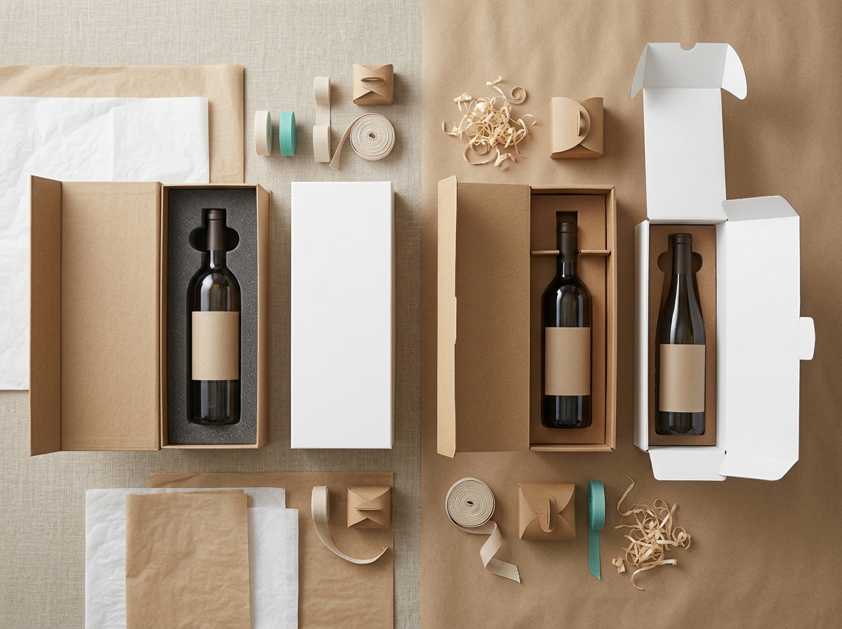 Assortment of rigid and folding wine gift boxes in kraft and white finishes