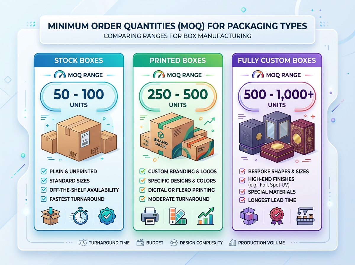 Infographic showing MOQ ranges for different packaging types with stock boxes at 50-100 units, printed boxes at 250-500 units, and fully custom boxes at 500-1000 units