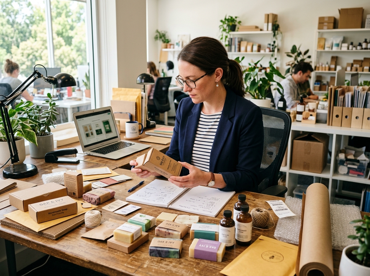 Small business owner reviewing packaging samples at desk with product prototypes and materials in bright office
