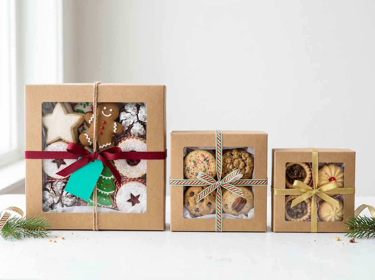 Assorted window cookie boxes in different sizes with holiday cookies visible through clear panels
