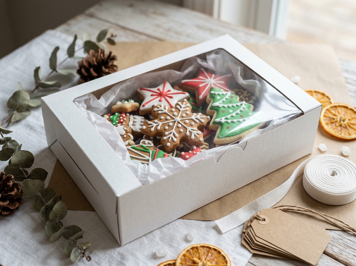 Close-up of clear PET window on cookie box showing sharp visibility of decorated holiday cookies