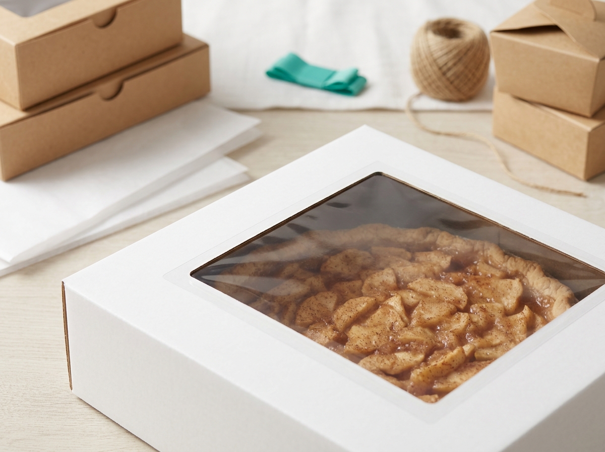 Close-up of PET window panel on pie box showing clear view of apple pie
