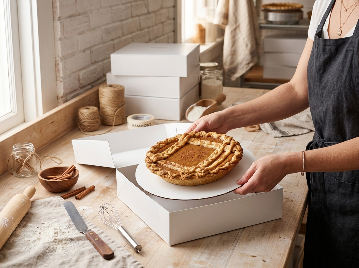 Close-up side view of three stacked pie boxes secured with baker's twine on a flat surface, showing proper alignment and stability for transport
