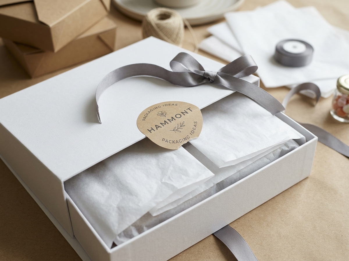 Layered gift box with tissue paper and branded insert