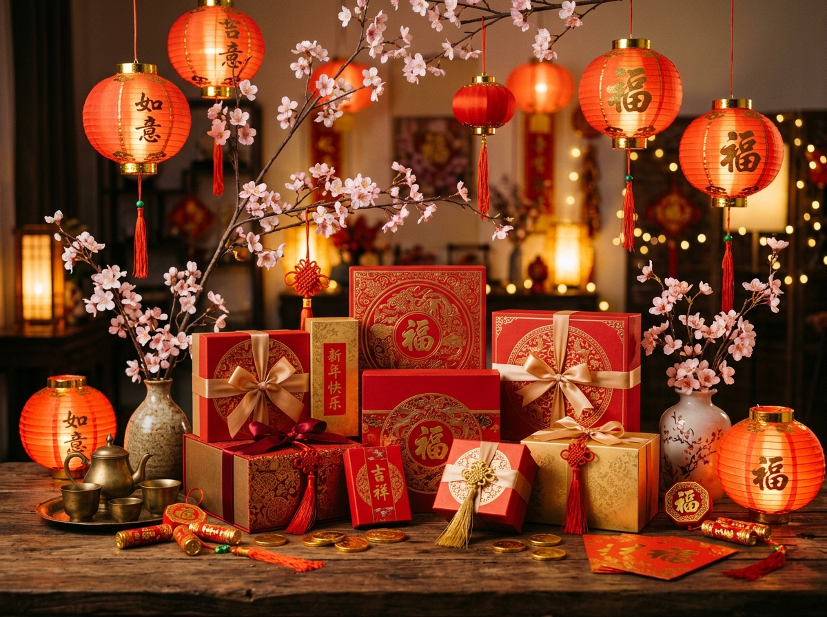 Red and gold gift boxes arranged with traditional Lunar New Year decorations including lanterns and gold coins