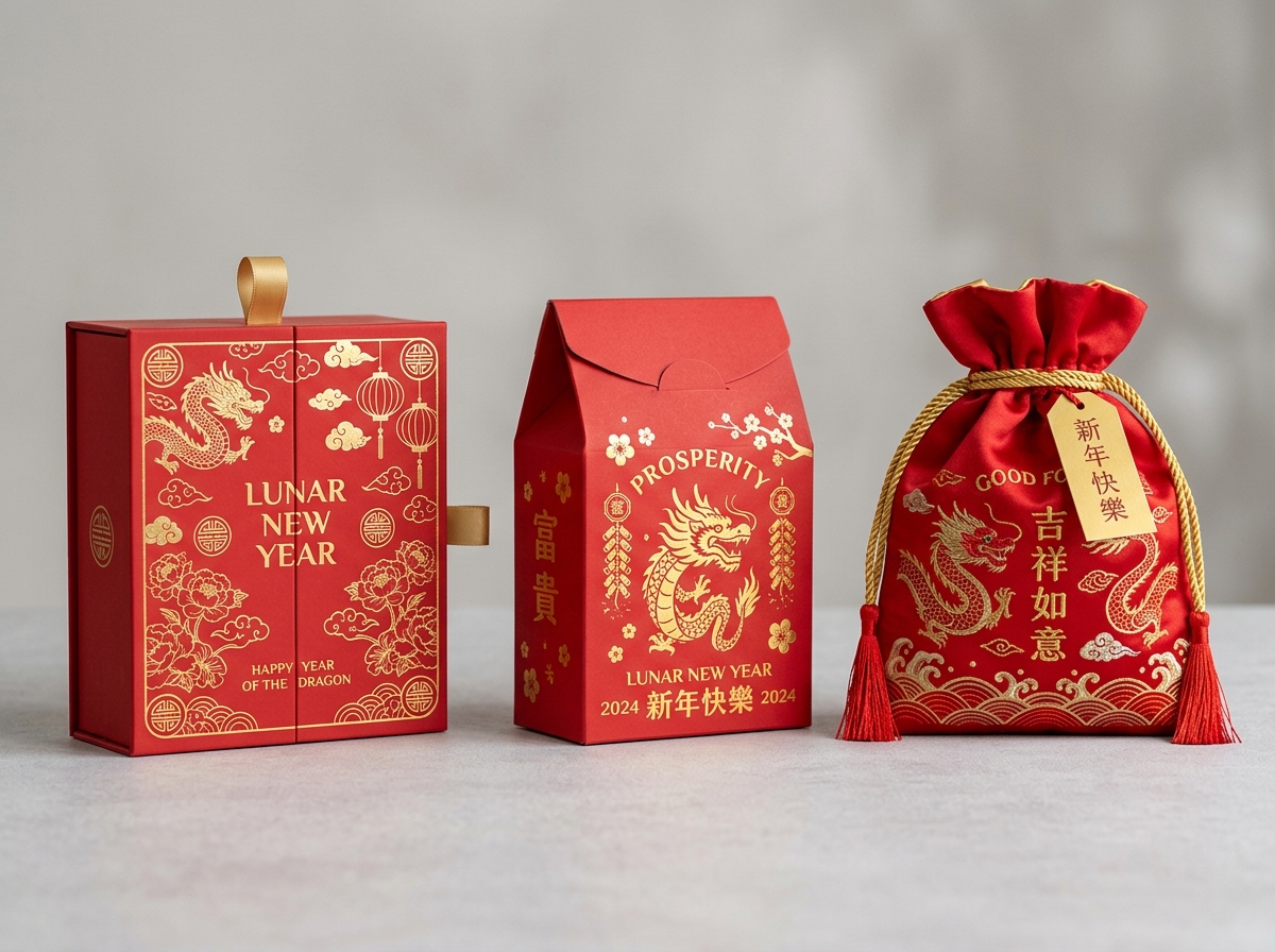 Comparison of rigid gift boxes, folding cartons, and gift bags in red and gold for Lunar New Year