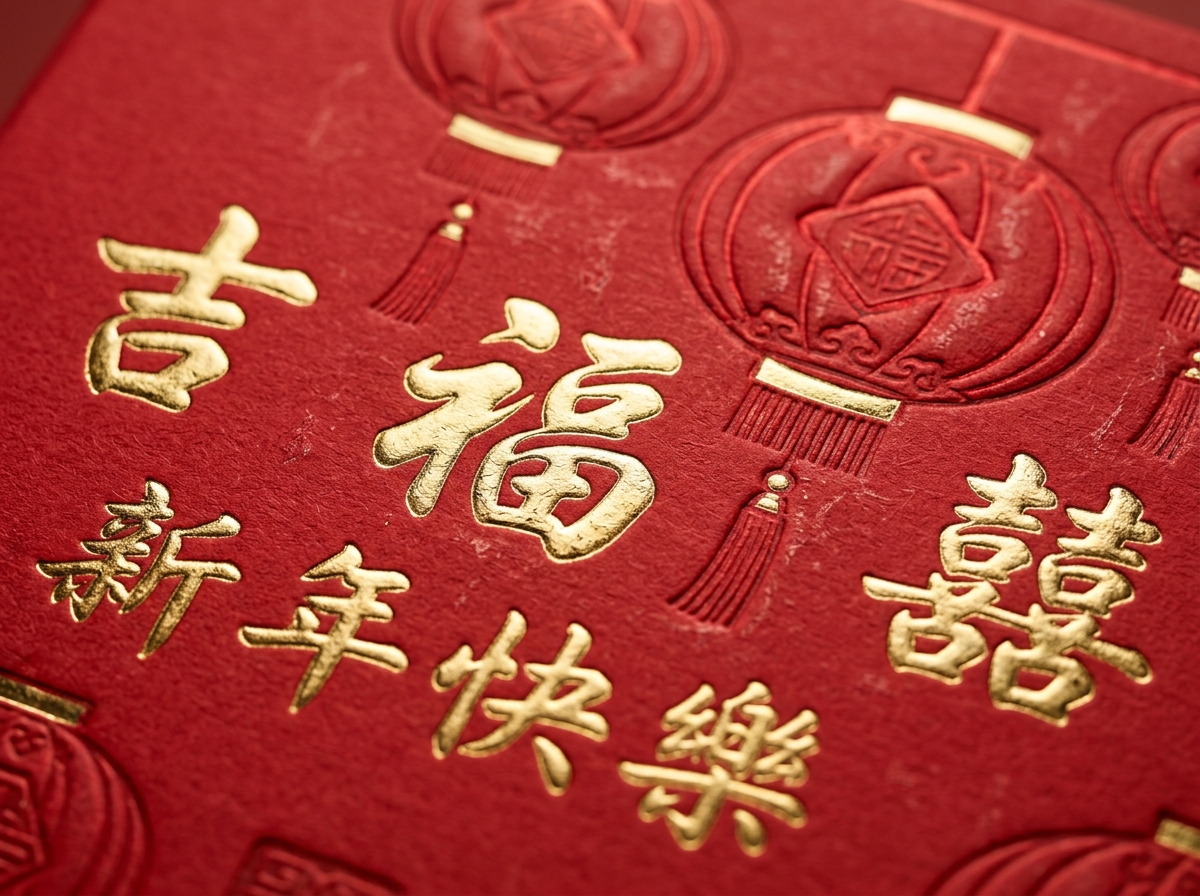 Close-up of gold foil stamped Chinese characters and embossed lantern design on red gift box