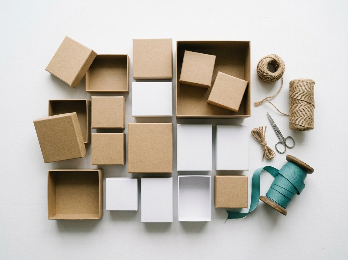 Overhead flat lay of various custom packaging boxes including kraft boxes and white gift boxes arranged with tissue paper and product samples