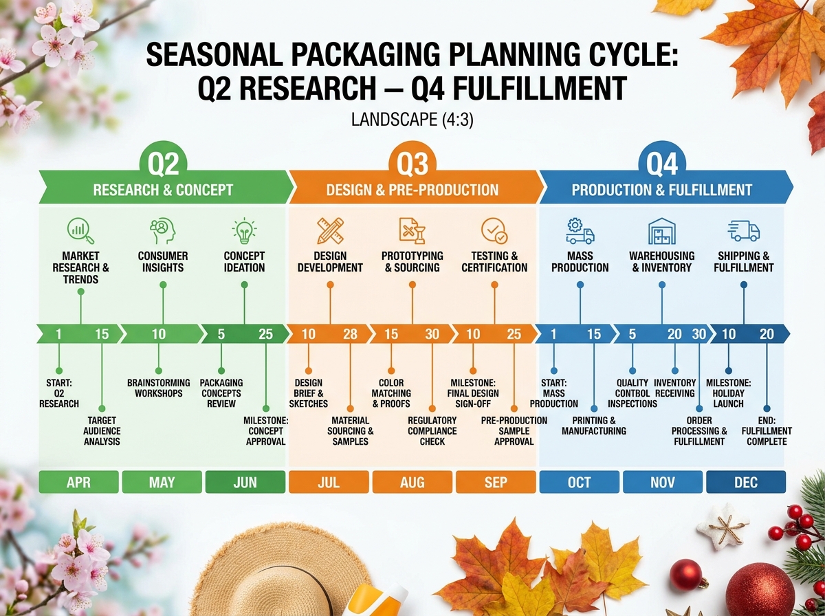 Timeline calendar showing seasonal packaging planning cycle from Q2 research through Q4 fulfillment with milestone markers