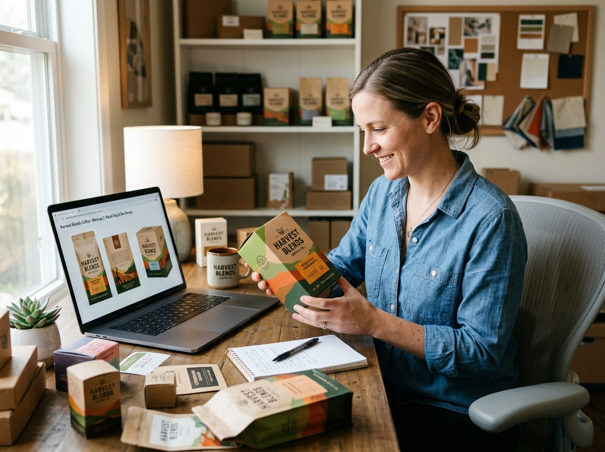 Small business owner reviewing custom packaging samples at desk with laptop showing design mockups