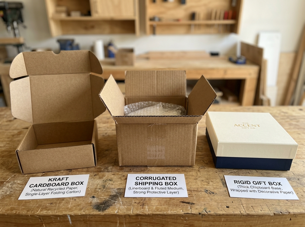 Side-by-side comparison of kraft cardboard box, corrugated shipping box, and rigid gift box with material labels