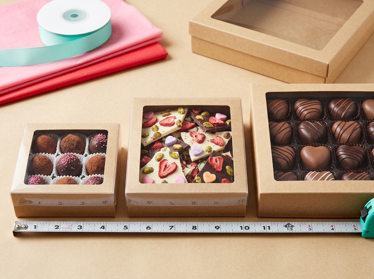 Comparison of clear window candy box sizes with different cavity counts for Valentine chocolates