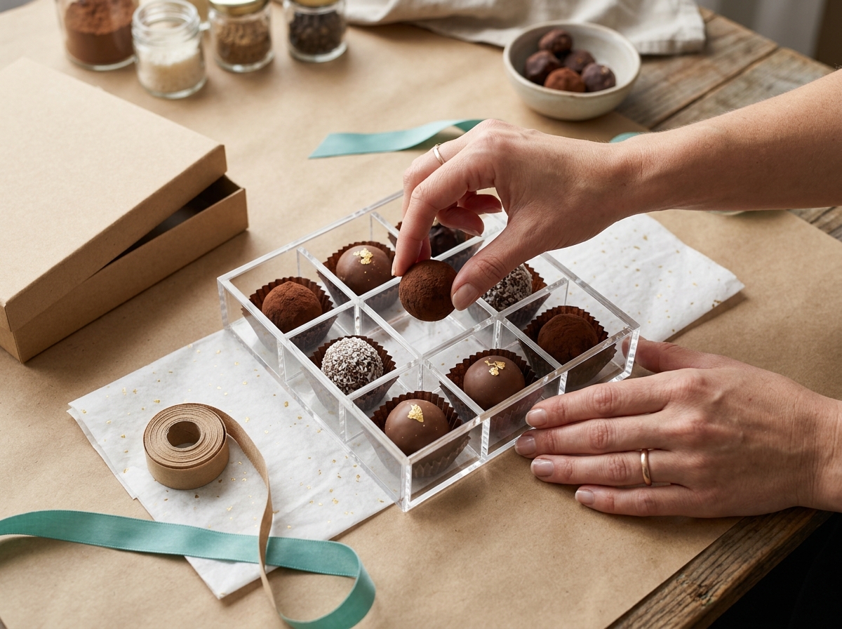 Hands placing chocolate truffles into compartmentalized clear acrylic box showing proper cavity fit