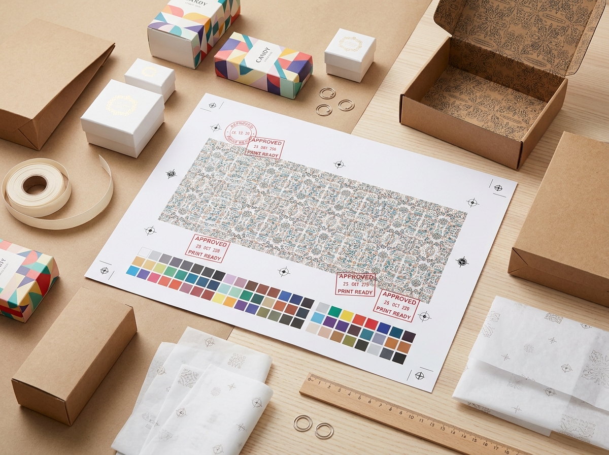 Custom printed packaging proof sheet with color swatches and alignment marks