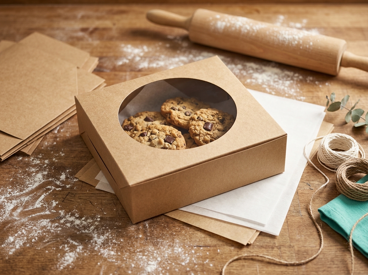 Kraft bakery box with window showing cookies and grease-resistant liner