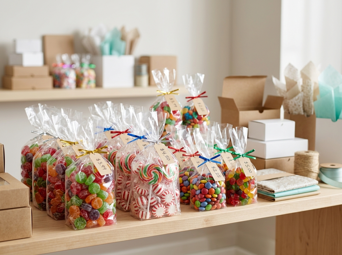 Stack of clear food-grade cellophane bags with candies on retail shelf