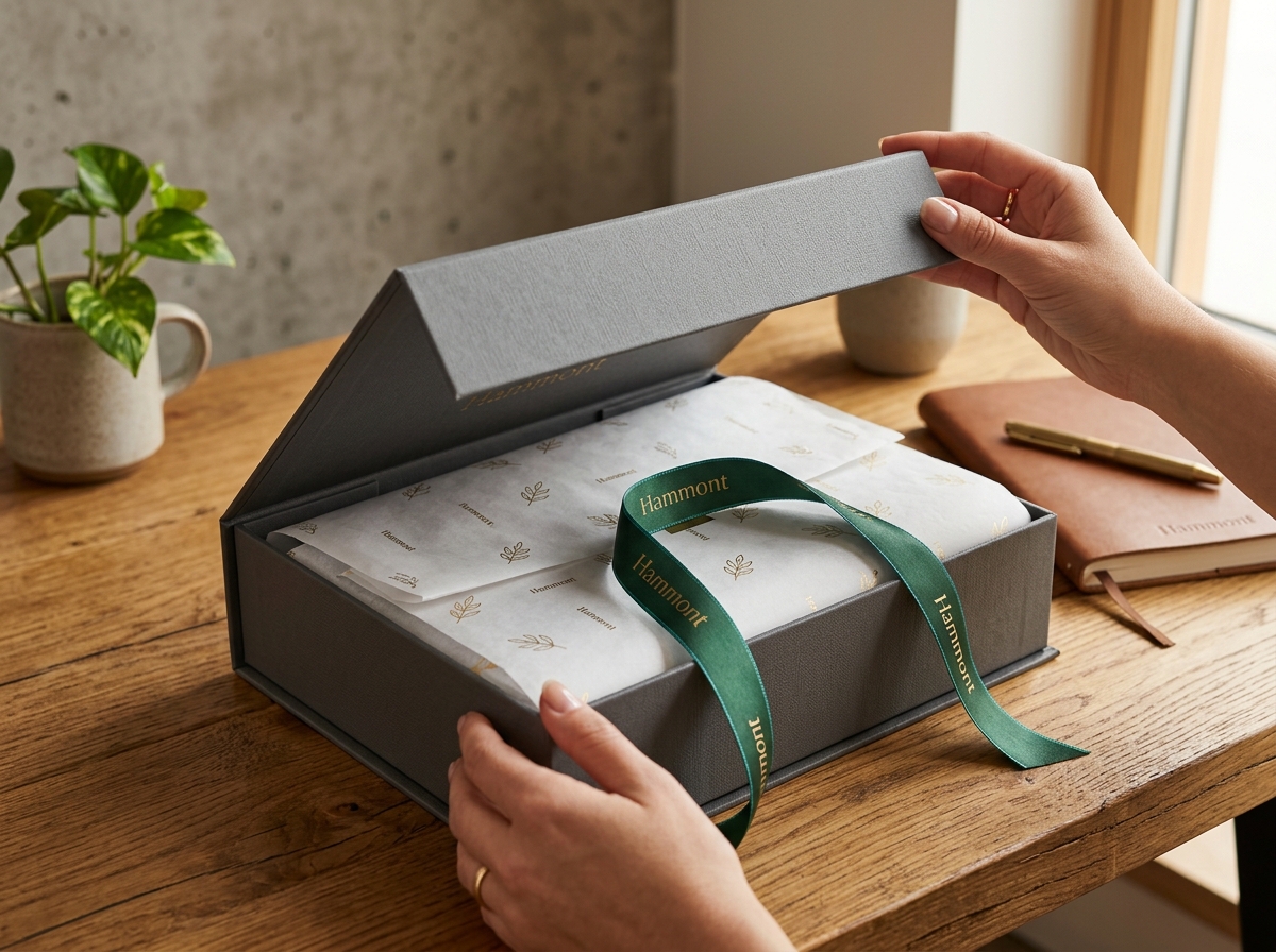 Close-up of premium matte gift box with grosgrain ribbon and branded tissue paper
