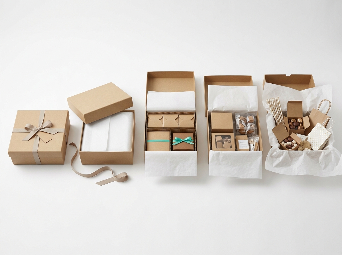 Corporate gift boxes in progressive unboxing stages from sealed to fully revealed