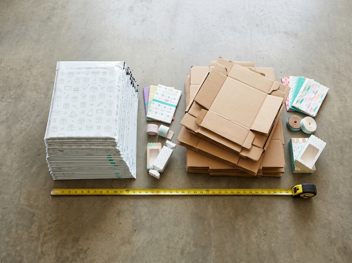 Stacked poly mailers next to corrugated boxes showing space efficiency comparison