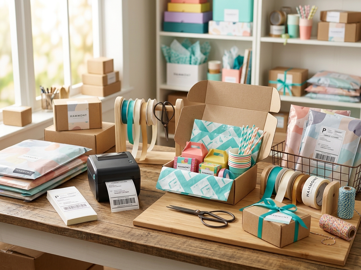 Fulfillment workspace showing poly mailers and boxes ready for packing
