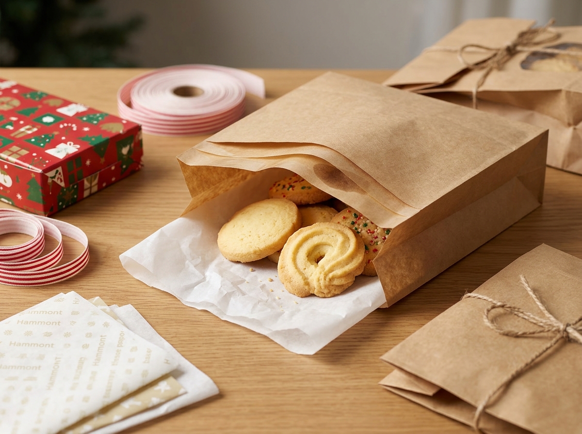Cross-section of grease-resistant cookie packaging showing protective barrier layer