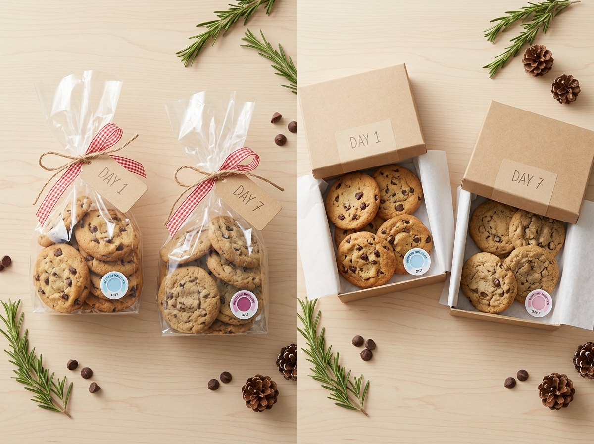 Side-by-side comparison of cookies in different packaging showing freshness over time