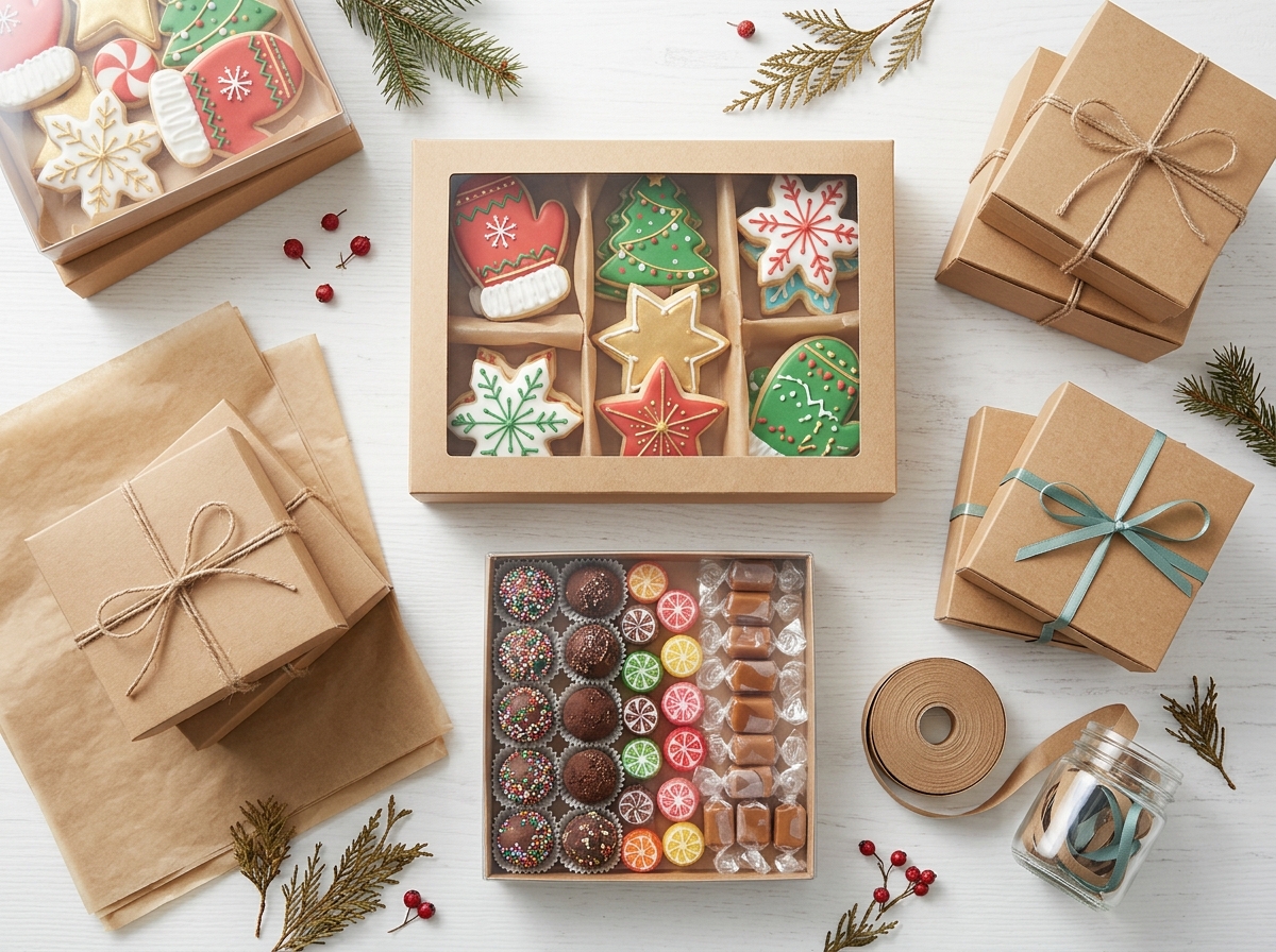 Clear gift boxes displaying colorful cookies and candies arranged in rows