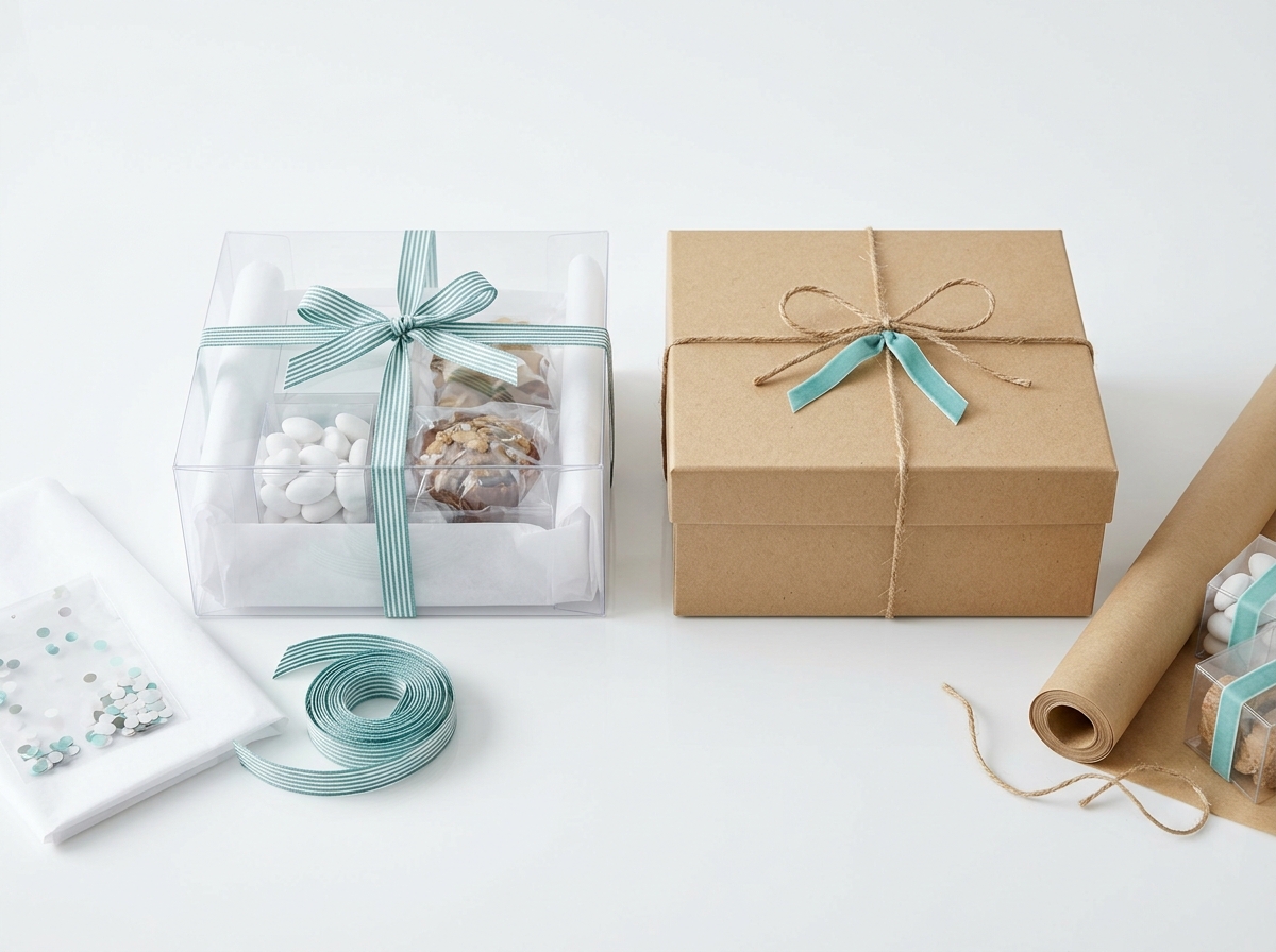 Side-by-side comparison of clear plastic and kraft paperboard gift boxes