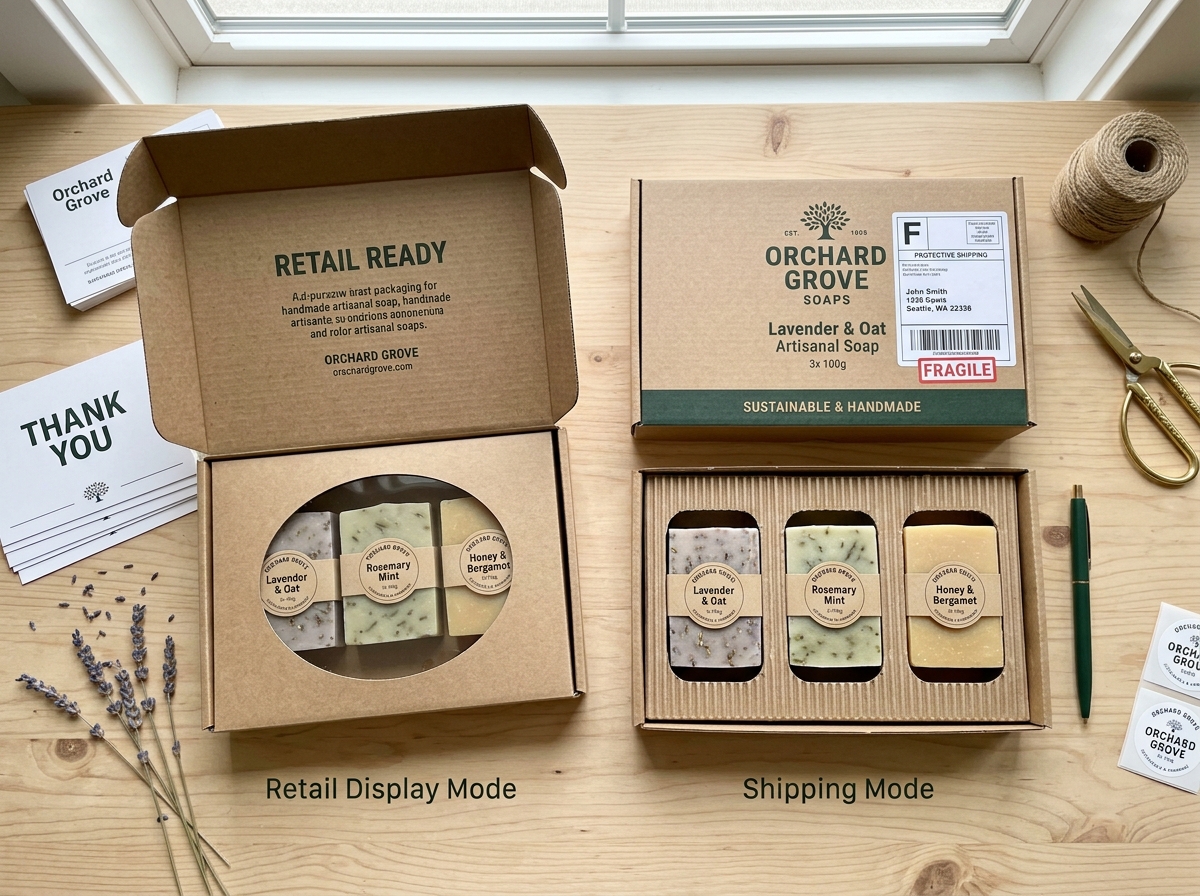 Modular packaging system showing kraft gift box with separate retail belly band and ecommerce shipping inserts