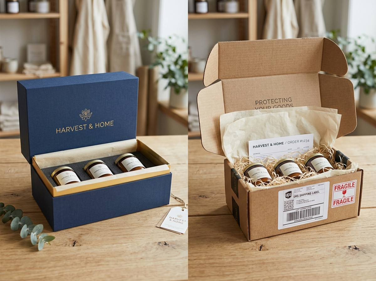 Small business owner testing different packaging configurations with products arranged on table, notebook with notes visible