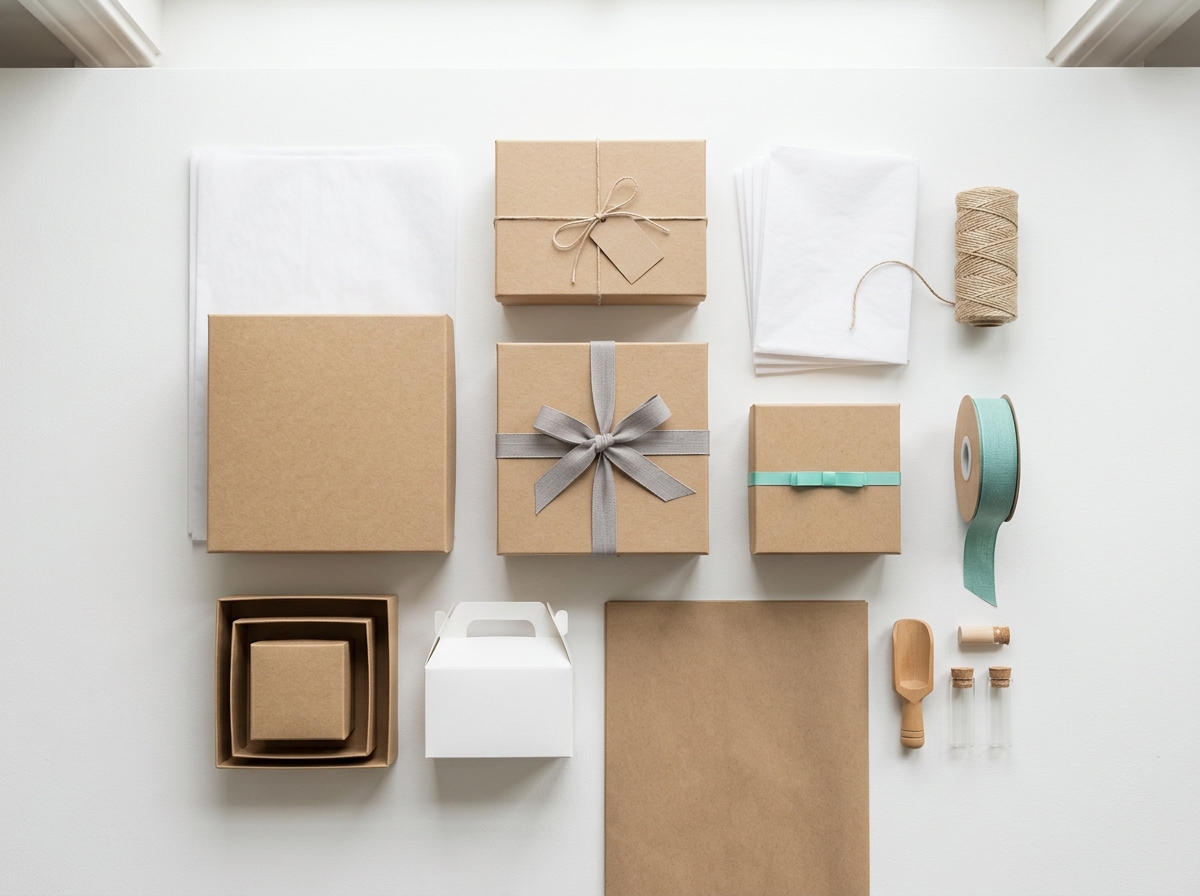 Minimalist kraft gift boxes with subtle ribbon branding arranged on a clean surface
