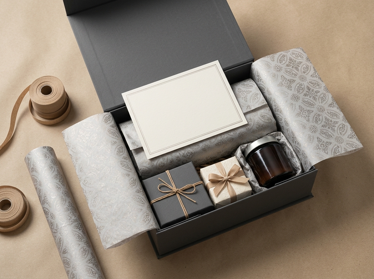 Corporate gift box with minimal exterior branding and branded tissue paper visible inside