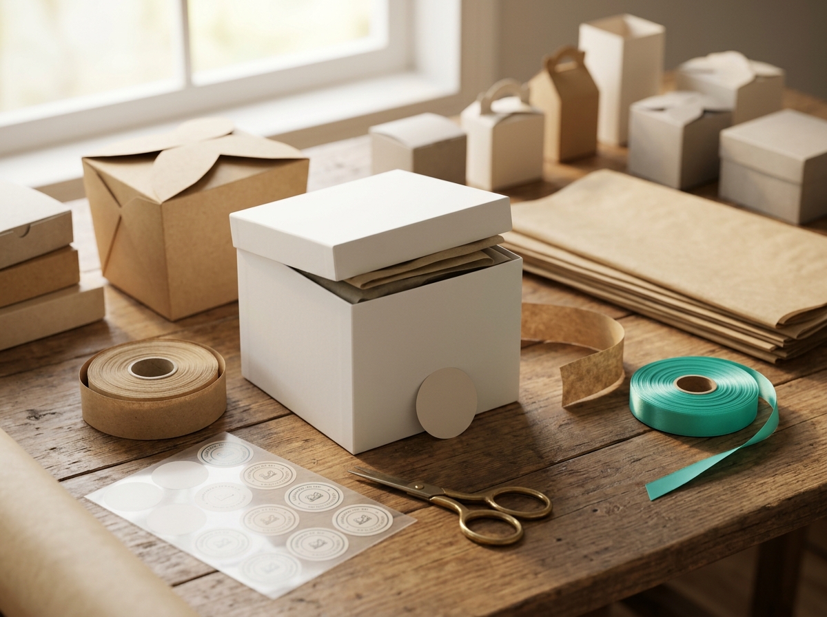 Hands applying custom logo sticker to white cube gift box with branded elements