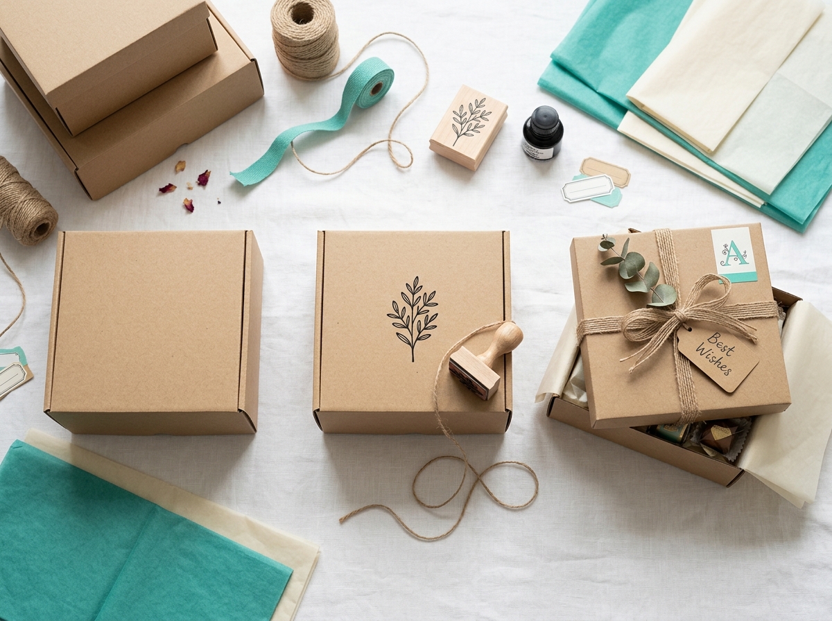 Three stages of gift box customization showing plain box, stamped box, and finished box with ribbon