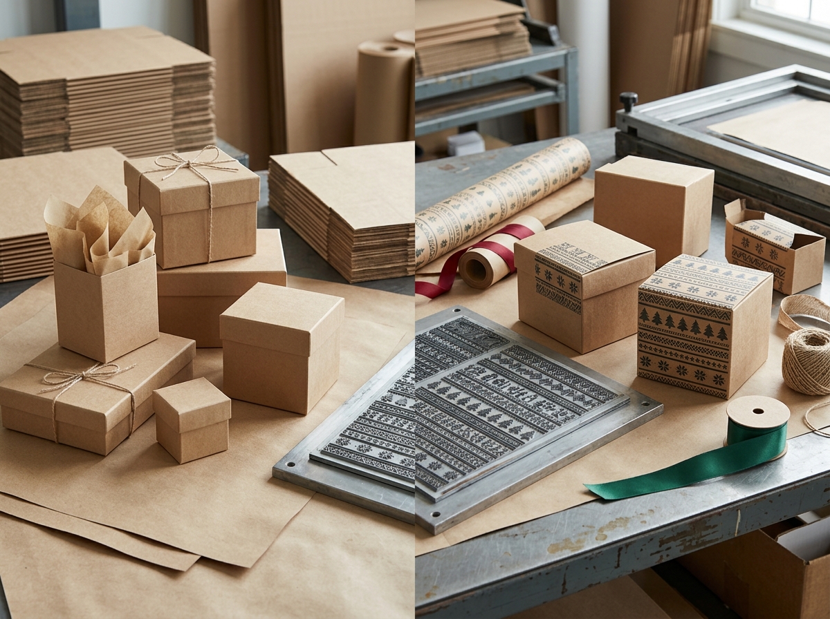 Stock kraft gift boxes ready for immediate shipping with branded inserts