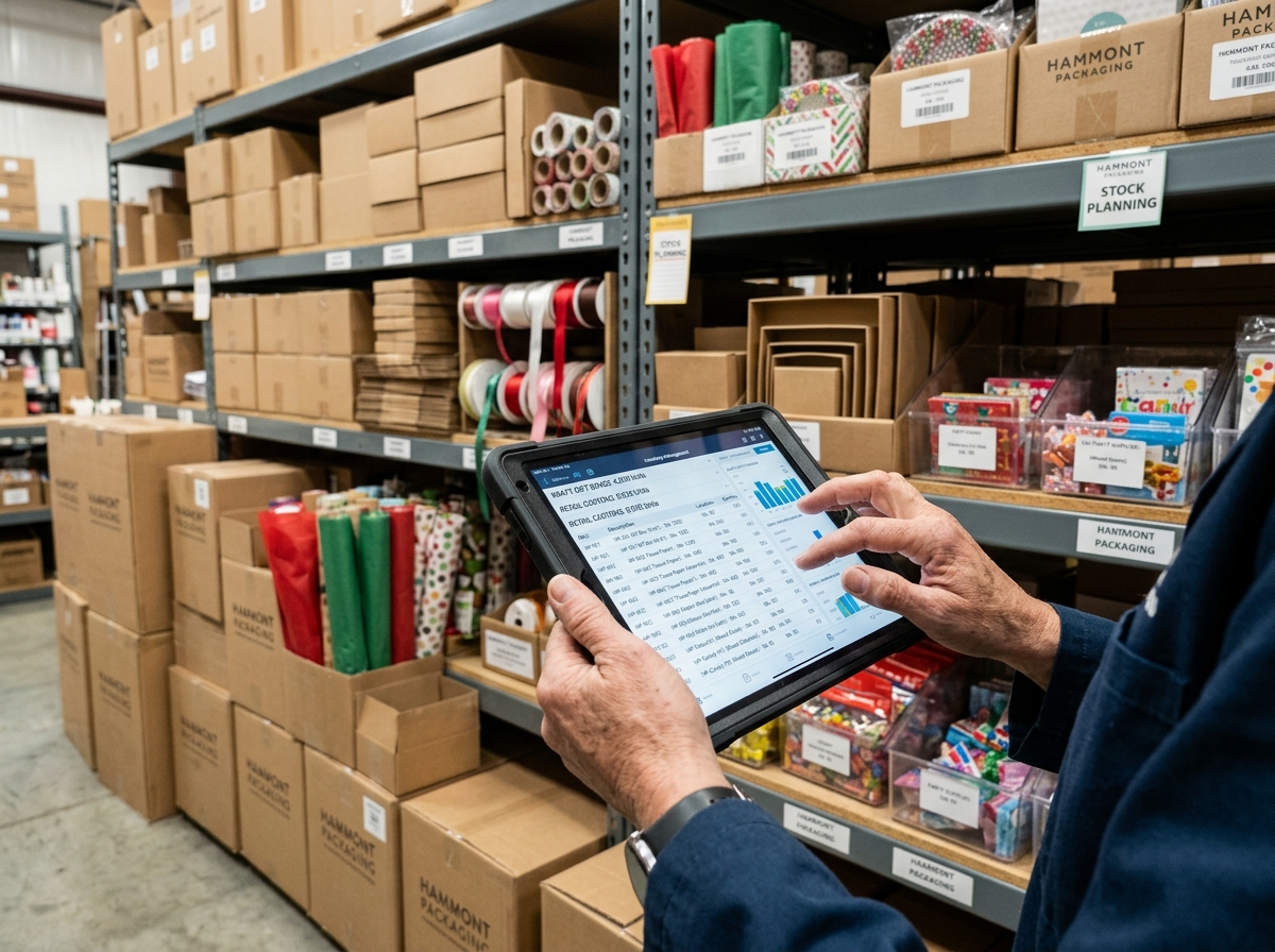 Warehouse manager checking packaging inventory on tablet with organized stock shelves