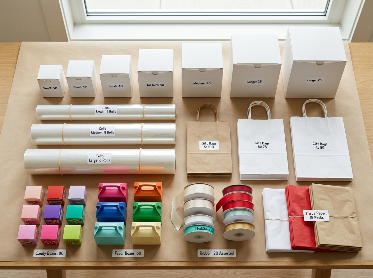Organized packaging materials with inventory labels showing different box sizes and bag types