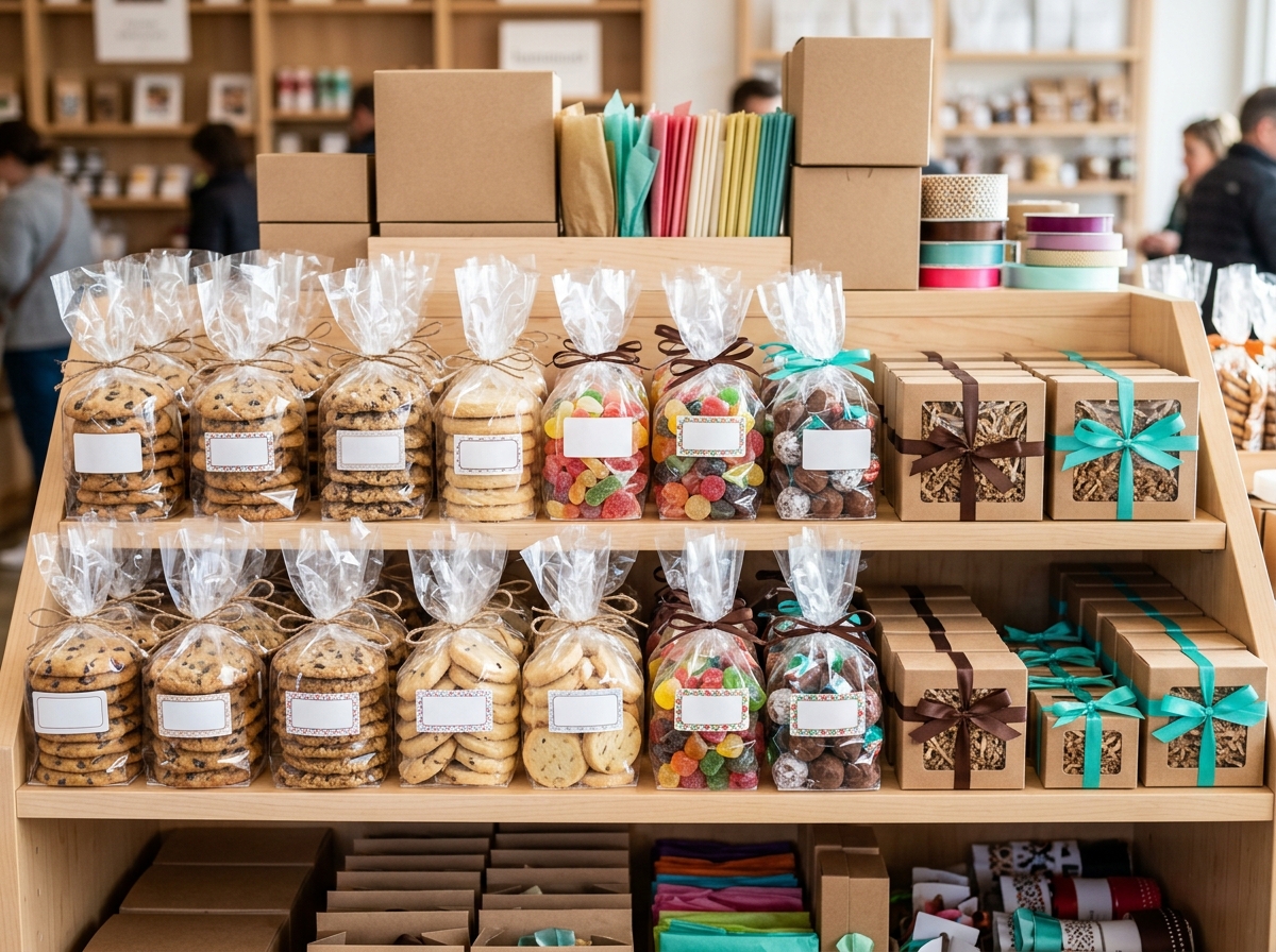 Retail display shelf with clear cellophane bags showing cookies and candies