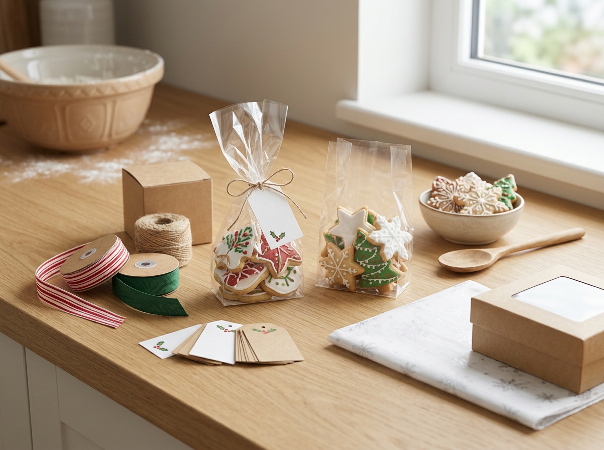 Hands placing decorated holiday cookies into clear cellophane bags