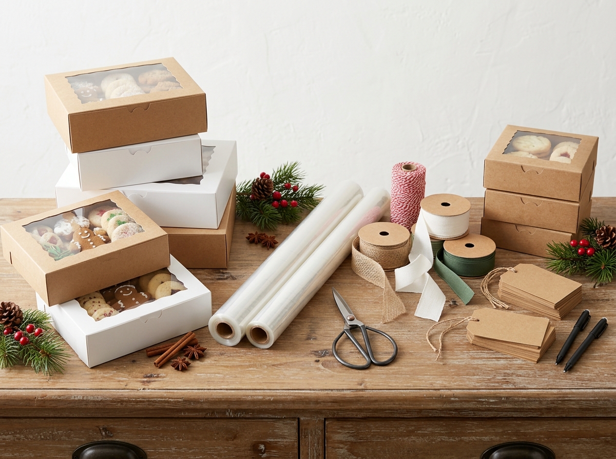 Cookie exchange presentation station with stacked boxes and cellophane supplies