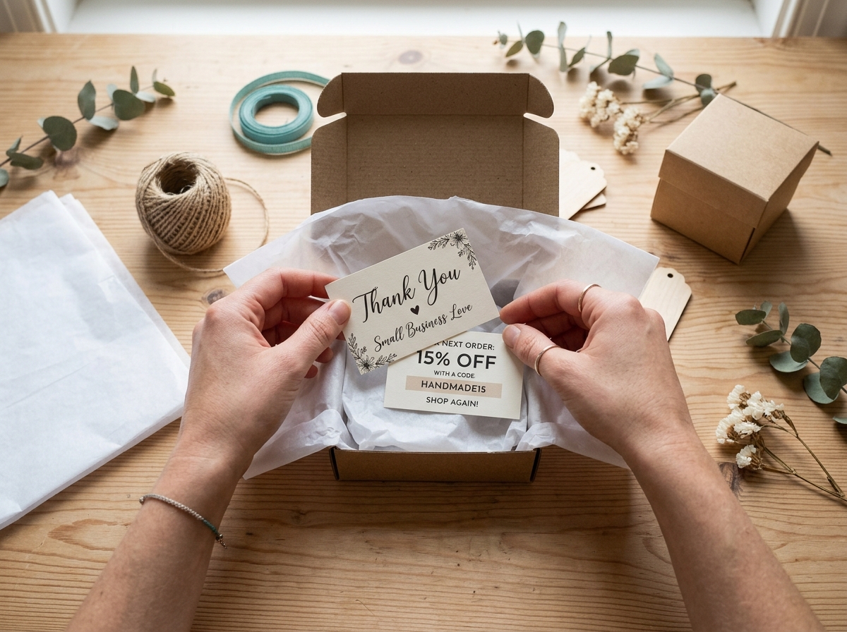 Small business owner placing thank-you card and discount code into kraft gift box