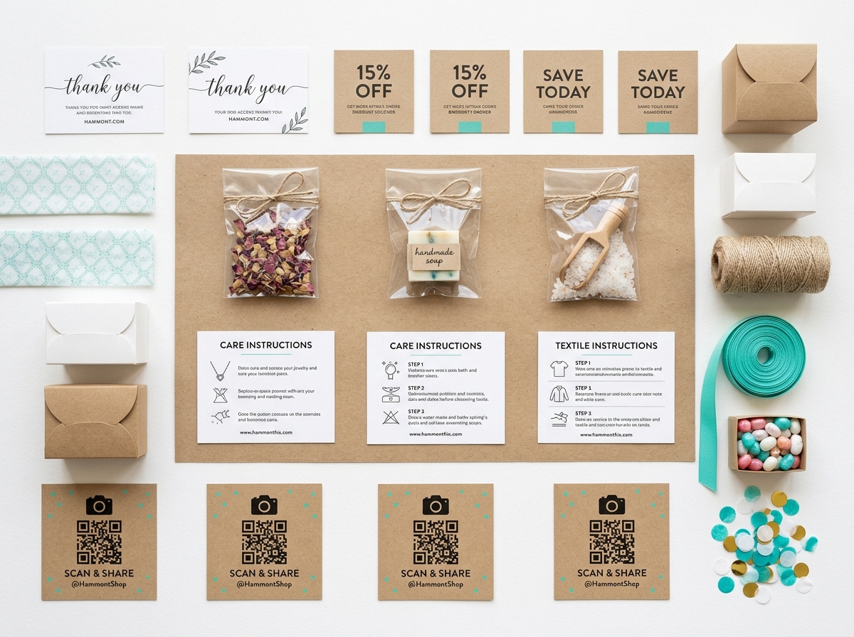 Grid layout of various packaging insert types including thank-you cards and discount vouchers