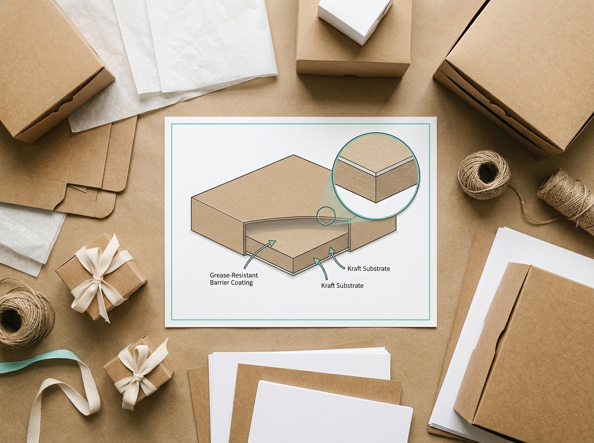 Cross-section diagram of pie box paperboard showing grease-resistant coating layers
