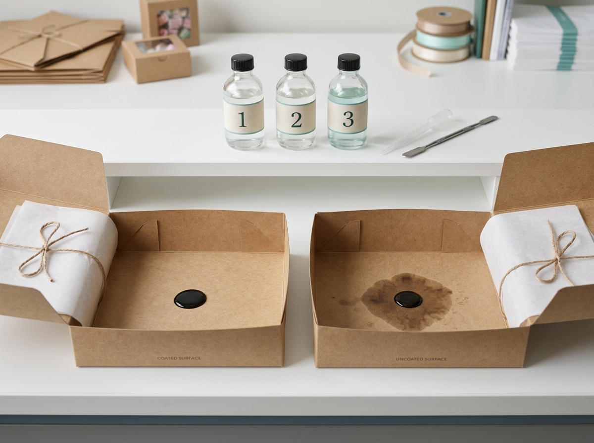 KIT test application on pie box interior showing grease resistance comparison